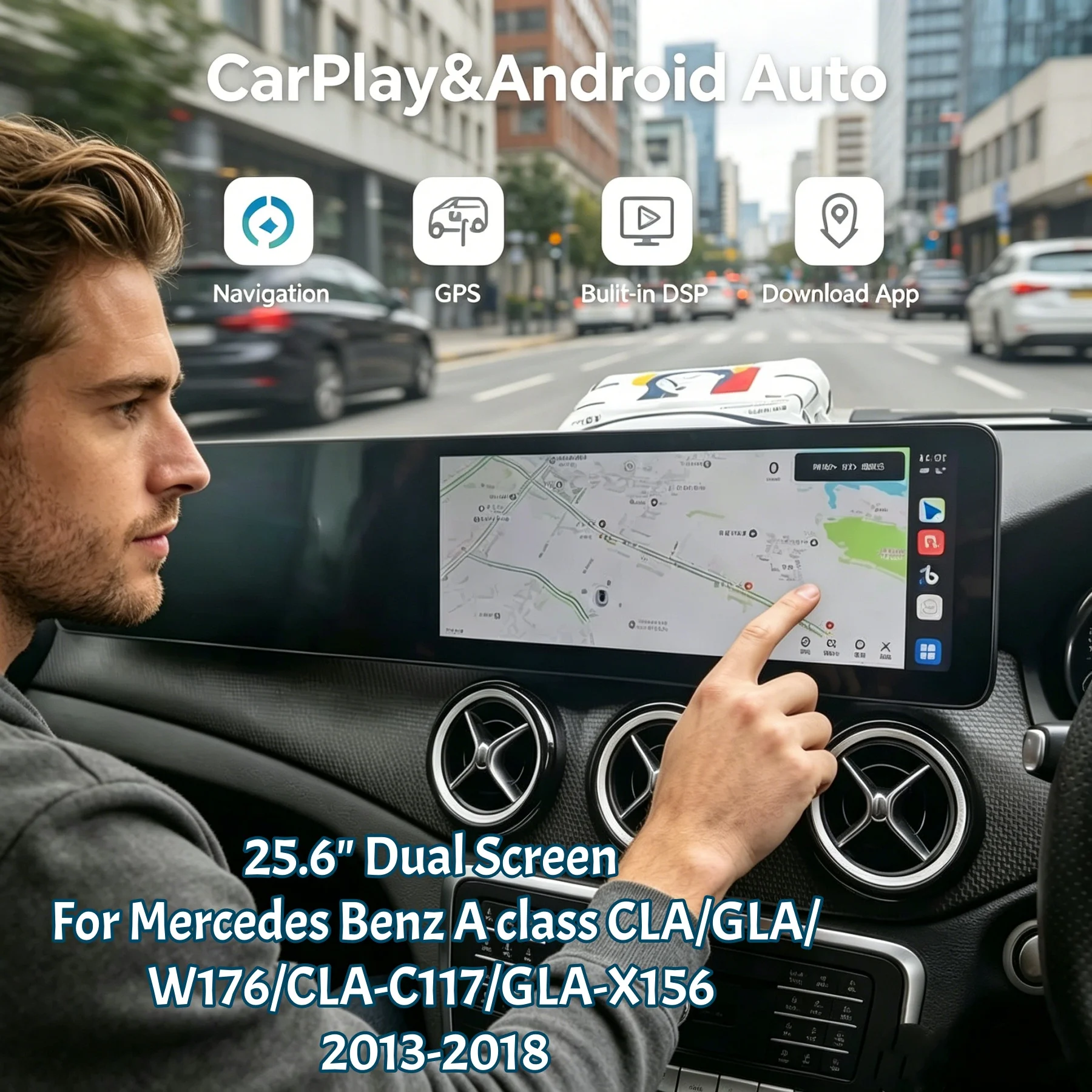 

25.6 inch Dual Touch Screen Stereo For Mercedes Benz A class W176/CLA-C117/GLA-X156 2013-2018 Android Multimedia Video GPS Navi