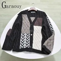 Garaouy 2024 Winter Women Vintage Contrast Patchwork Single Breasted Knit Cardigan Coats Female Casual Loose Warm Sweater Jacket