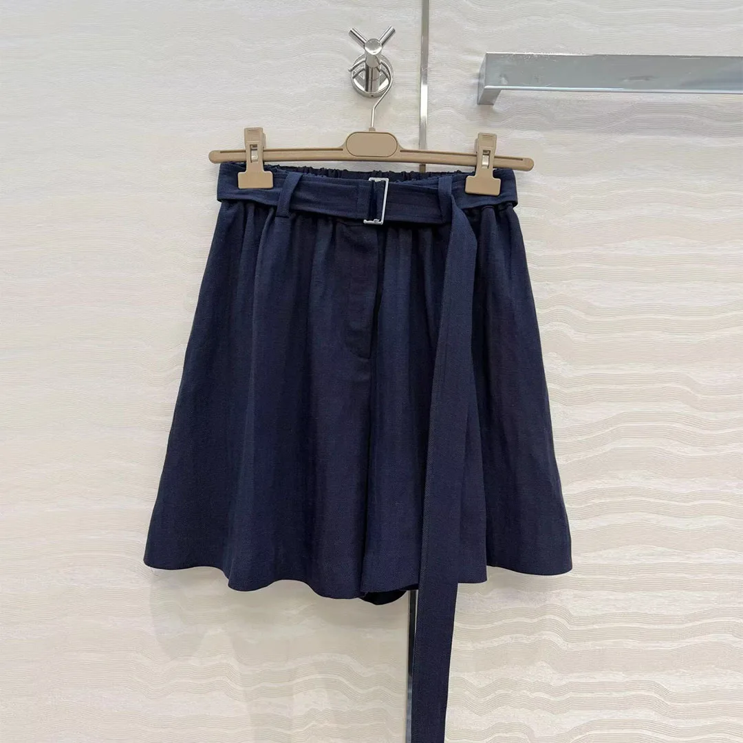 2026 New Autumn Old Money Style 50% Linen Skirt Shorts Women High Waist Belt Loose Casual Navy Color Shorts