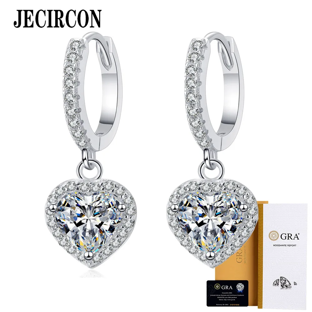 

JECIRCON 925 Sterling Silver Drop Earrings for Women 1ct Moissanite Love Heart-Shaped Ear Denpants PT950 Gold Plated Jewelry