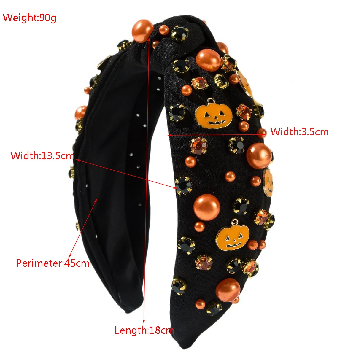 Halloween Knotted Headband for Women Rhinestone Pearl Pumpkin Ghost Decor Wide Hair Hoop Party Cosplay Costume Hair Accessories