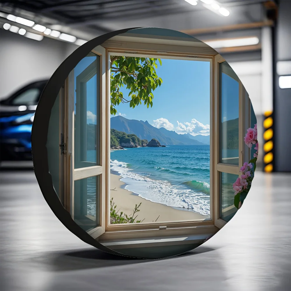 1pc 2D Flat Printing Universal Tire Cover Sea Pink Flowers (4) Polyester Without Electricity Car Decor Perfect For Construction