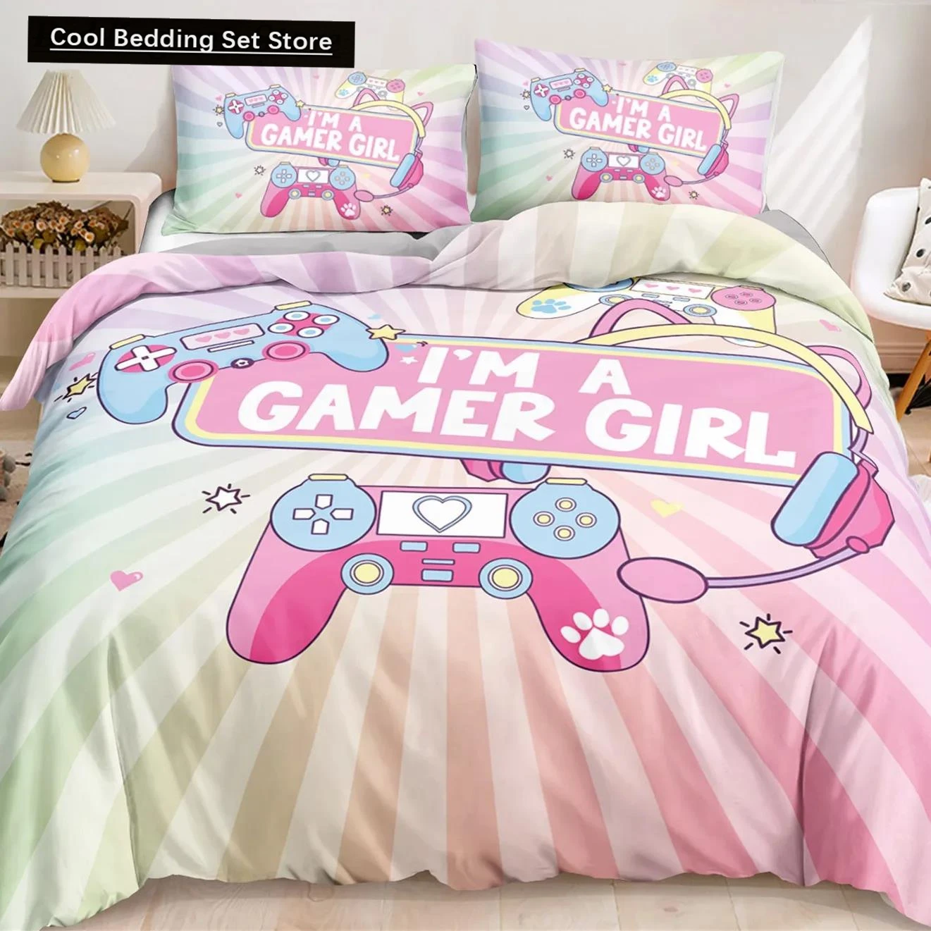 Game Duvet Cover Set Pink Gamepad Controller King Size Bedding Set I'm A Gamer Girl Pattern Rainbow Stripes Lovely Quilt Cover