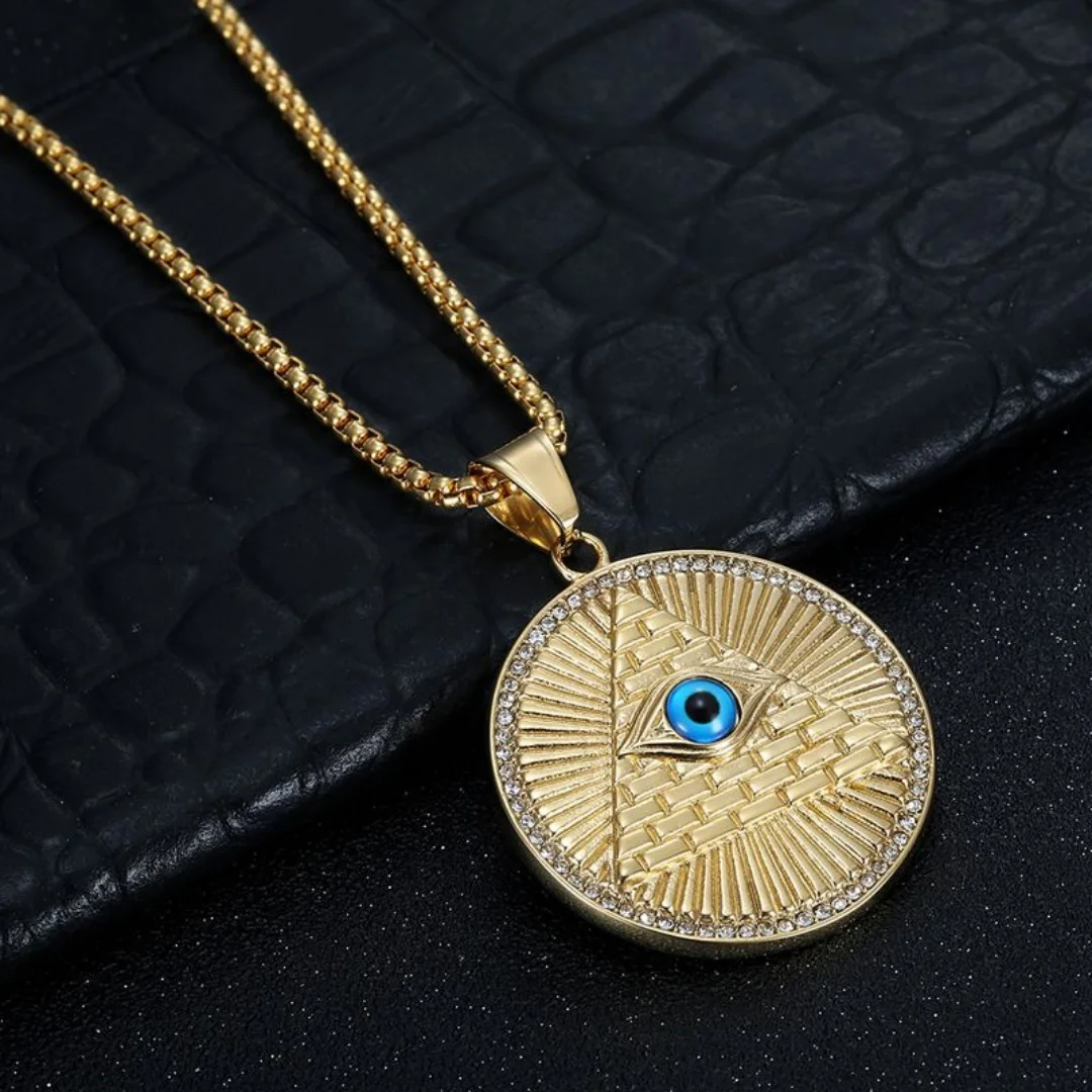 Mystic Ancient Egypt Pyramid CZ Eye Round Pendant Woman Gold Silver Color Stainless Steel Necklace For Man Trendy Jewelry Gift