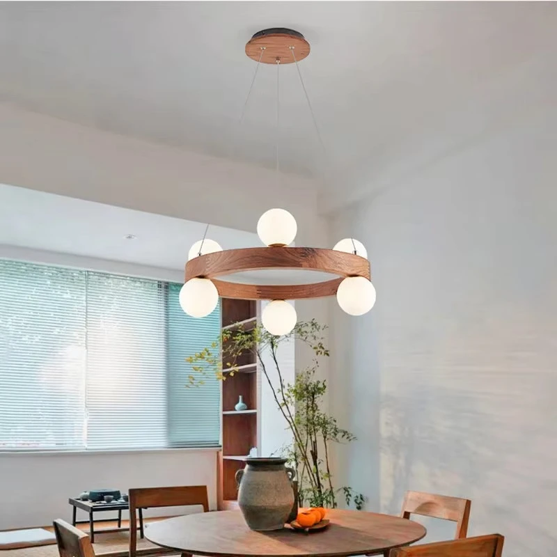 

White Glass Ball Walnut Pendant Chandelier Living Dining Room Solid Wood Magic Bean Molecule Indoor Lighting Decor Factory Outle