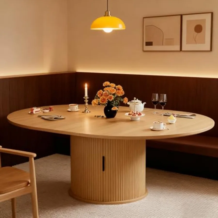 Extendable Round Dining Table for 2-4-6 Persons, 59 Inch Oak Wood Dining Room Kitchen Table with 2-Tier Storage Shelf, Modern F