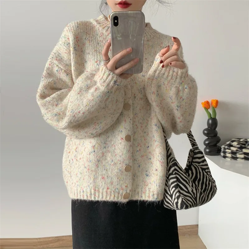 Korean Women's Sweater 2023 New Style Mixed Color Yarn Knitted Shirt Outerwear Autumn/Winter Lantern Sleeves Sweater Cardigan