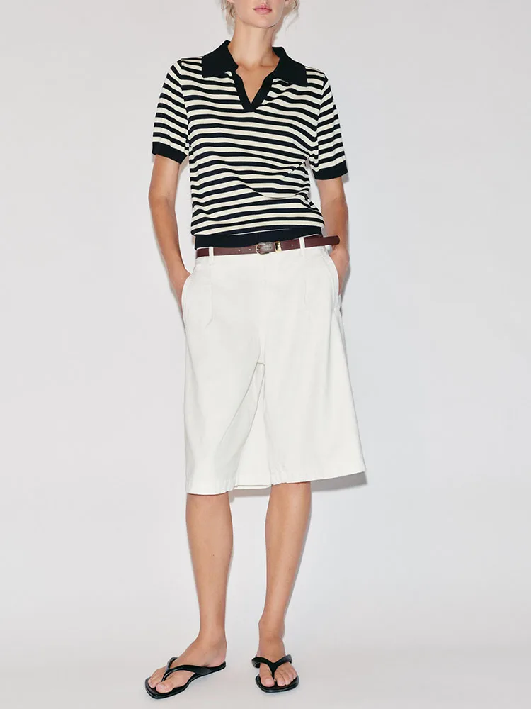 Women's New Arrival V-neck Striped Short Sleeve Knitted  Shirt Versatile Top for Autumn Season Straight Cut Sleeve Design