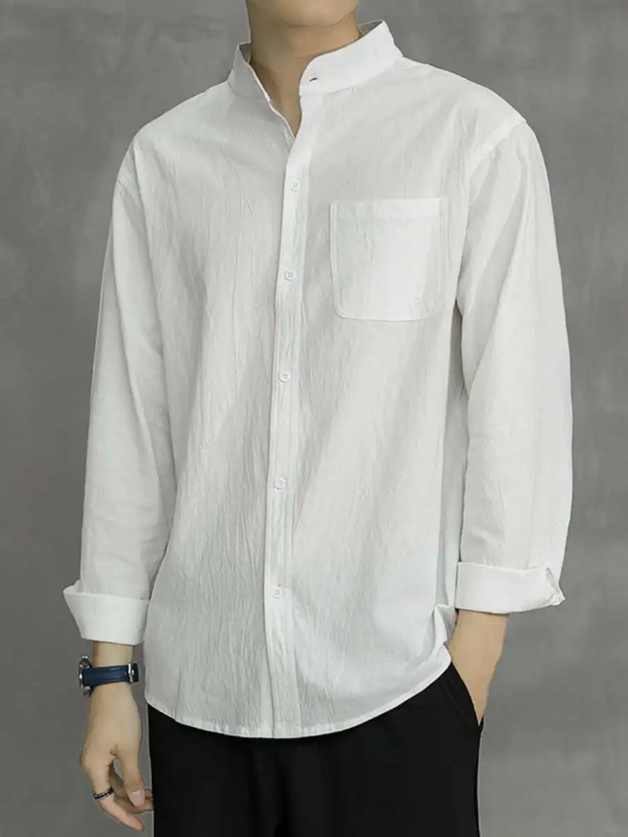 

Trendy Long Sve Men's irt Pure Color Stand Collar Spring Autumn Faion Korean Sle Loose Fit Travel Casual M Top