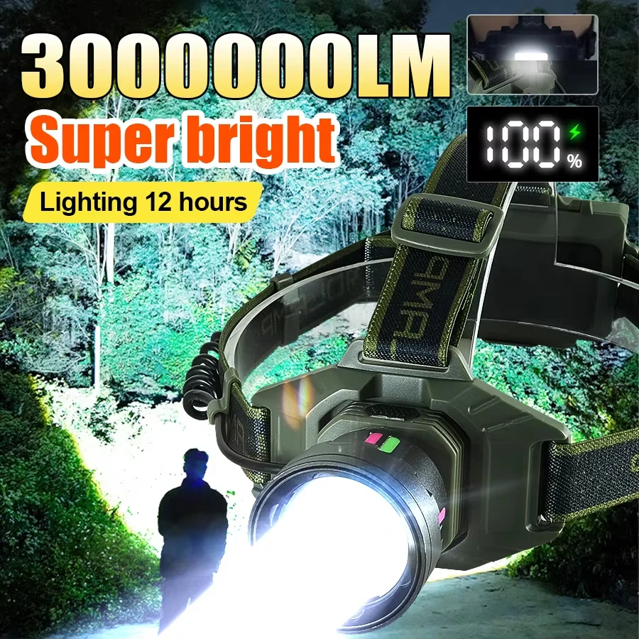 

High Power 800W LED Headlamp 30000000LM Super Bright Head Flashlight Zoomable Lamp Rechargeable Outdoor Fishing Camping Lights