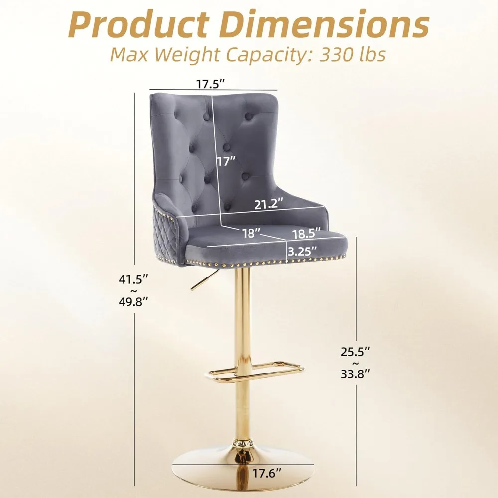 Conjunto de 2 bancos de bar de veludo, cadeira giratória com anel de tração Gold Lion, banco de bar estofado com cabeça de prego, altura ajustável