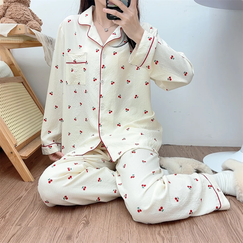 Korean Style Chic Women\'s Sleepwear Set Extra Soft Peach Lapel Long Sleeve Spring Autumn For Home Use Loose Sleepwear Set