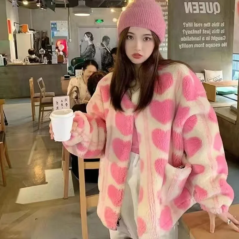 Fashion Korean Pink Heart Women Faux Cashmere Lambswool Jackets Outerwear Lady Zip-up Overcoat Winter Coats Warm Tops