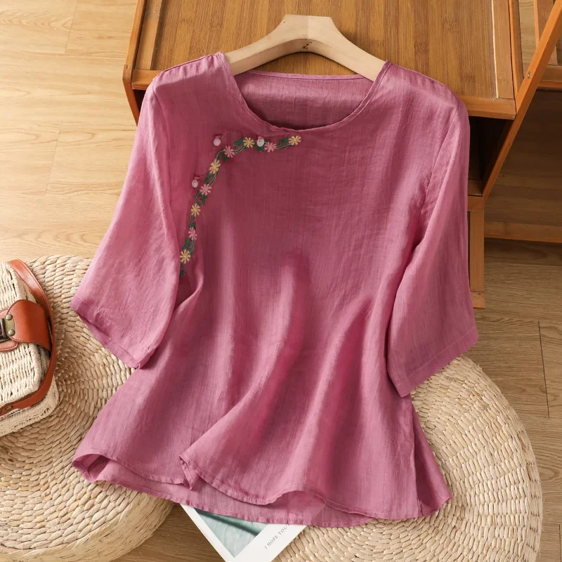 Retro Chinese Stijl Geborduurd Katoen Linnen Shirt Dames Zomer Kraal Knop Schuine Top Nieuwe Mid-mouwen