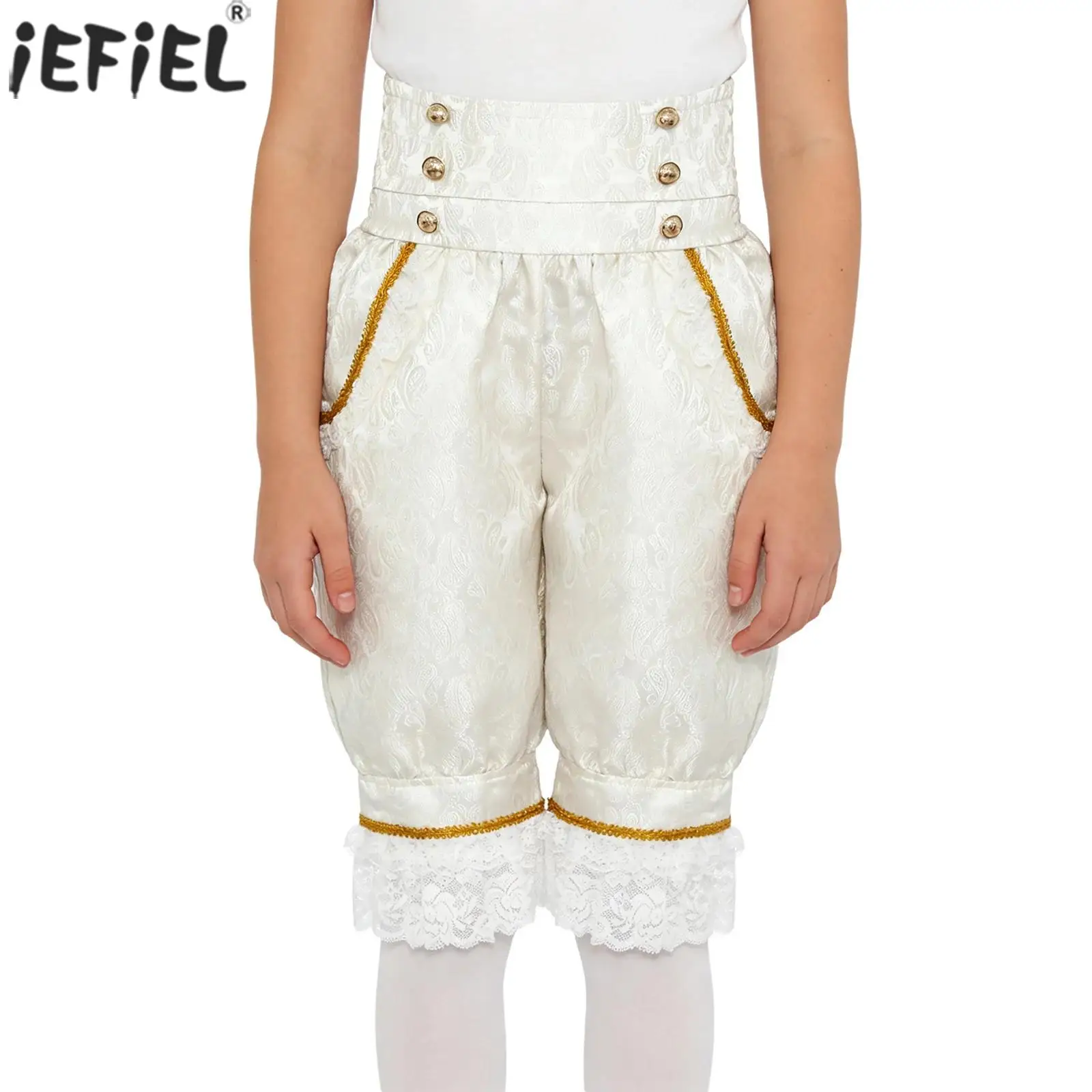 Girls Victorian Pantaloons High Waist Ruffled Lace Bloomers Pants with Pockets for Halloween Medieval Renaissance Theme Party