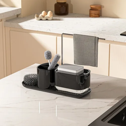 Imagen 2 del producto Estante para baño y cocina, dispensador de jabón con empuje manual, botella de prensa de detergente, jabón de manos, subbotella líquida para lavavajillas, negro