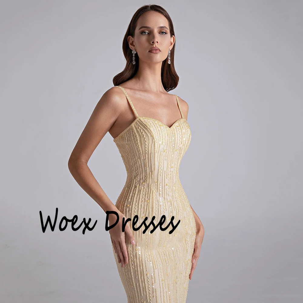 Sukienka wieczorowa na ramiączkach spaghetti, żółta, z aplikacjami z cekinów, bez rękawów, sukienka na imprezę, syreni krój, długa do podłogi, suknia balowa.