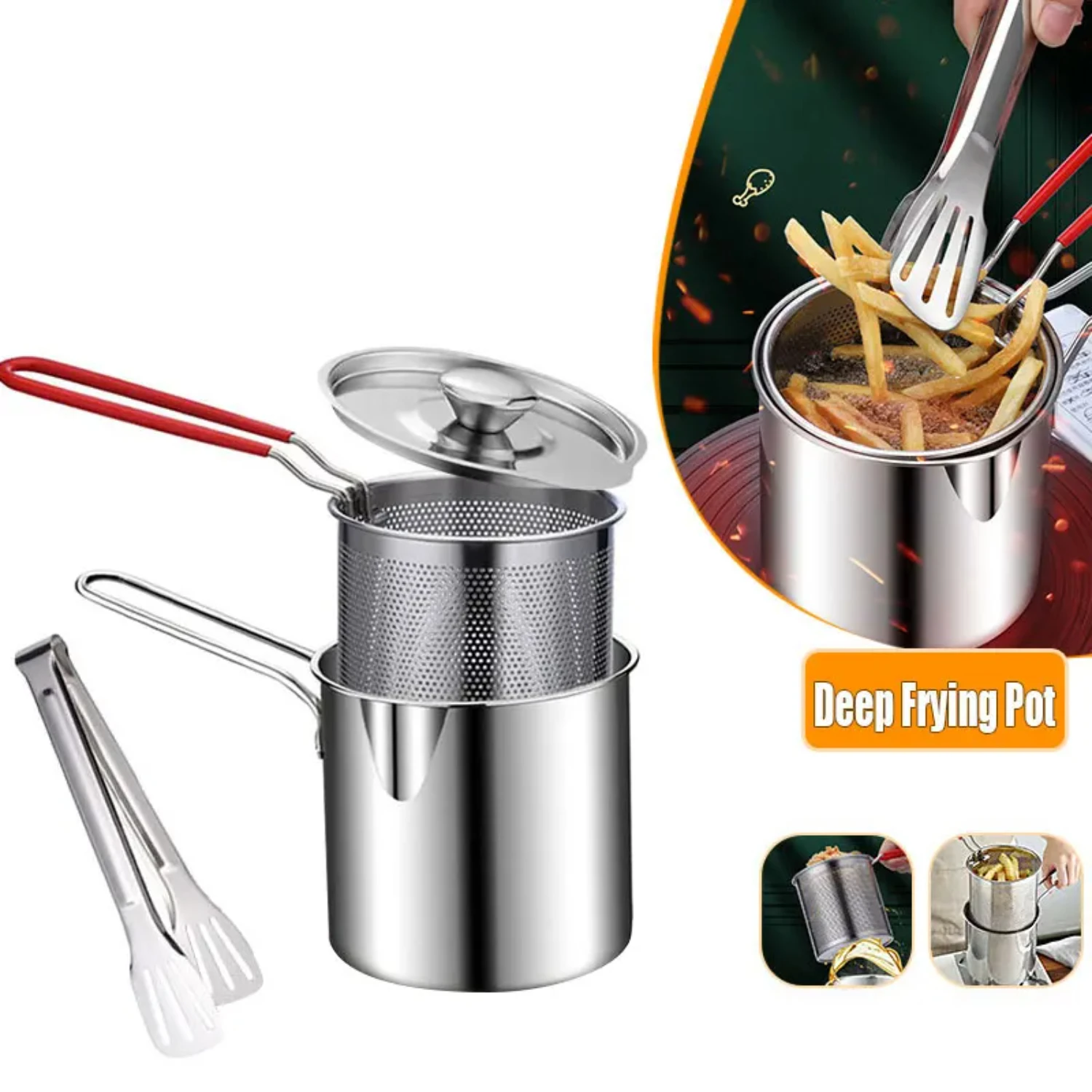 

Small Japanese Stainless Steel Deep Frying Pan with Strainer Basket for Tempura, Perfect for Making Crispy French Fries and Juic