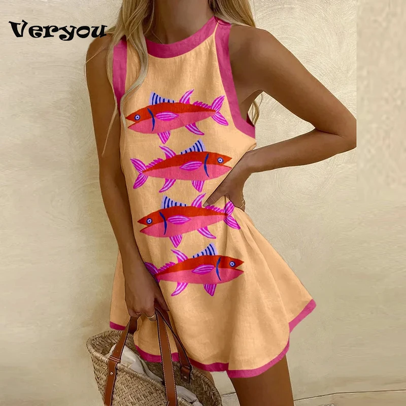 Vintage Printed Mini Dress Women Casual O Neck Sleeveless Tank Dresses For WomeN Beach Party Dress 2025