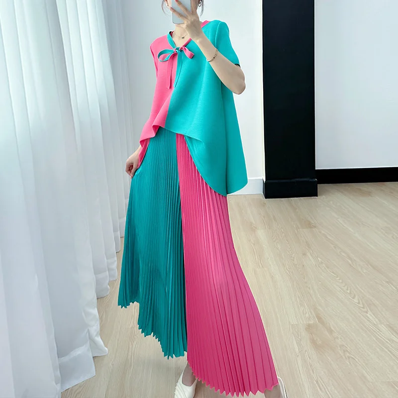 

Blouse Pants Suit Women Summer Youthful Pleated Tie-front Delicate Short-sleeved T-shirt Wide-leg Pants New Comfortable Casual