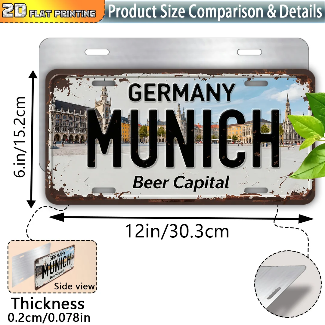 2D Flat, 1pc Vintage Munich Germany Metal Sign - 15.24cm x 30.48cm Heavy-Duty Aluminum German Beer Capital Plaque with Iconic Ma