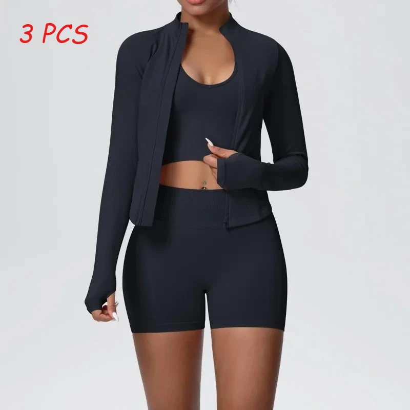 

3 Pcs Women's Seamless Yoga Set Long Sleeved Coat Vest Shorts Tracksuit Fitness Gym Workout Set High Waist Slim Fit Suit
