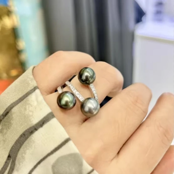 Stunning 8-9mm Tahitian Round Black Pearl Ring 925s silver ring jewelry 925 silver Fashionable Women's Accessory