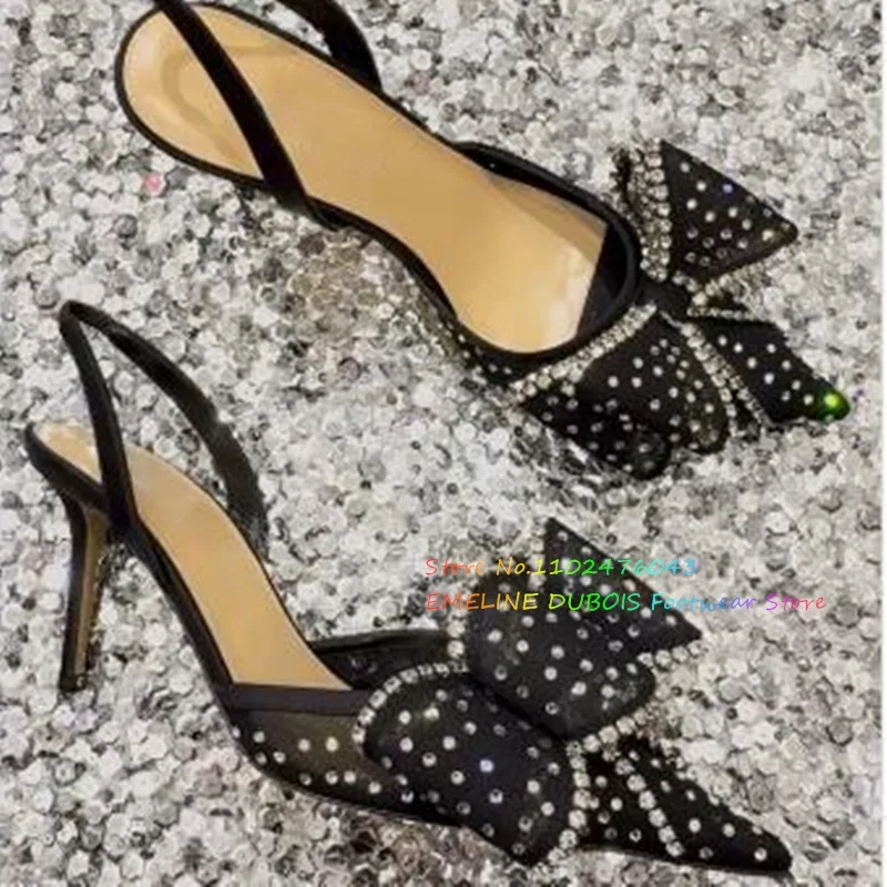

Crystal Bow Decoration High heels Women Pointy Toe Rhinestone Lace Stiletto Heel Slip On Slngback Elegant Pumps Dress Shoes