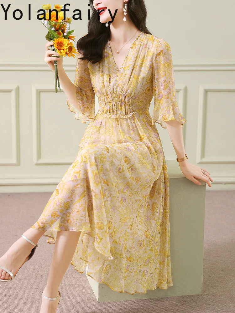 YOLANFAIRY High-end 100% vera seta di gelso vestito da donna 2025 estate francese elegante abito floreale con scollo a V abiti lunghi da vacanza