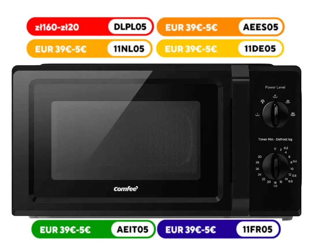 Comfee-horno microondas con capacidad de 19L, 700W de potencia, 5 niveles de potencia, temporizador de 30 minutos, Descongelador, negro