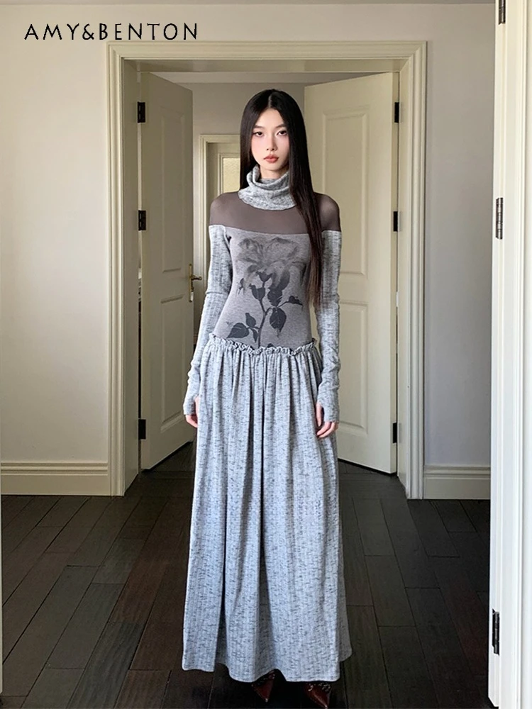 

2025 Spring and Autumn New Rose Print High Neck Patchwork Semi-Transparent Long Sleeve A-Line Flared Long Gray Knitted Dress