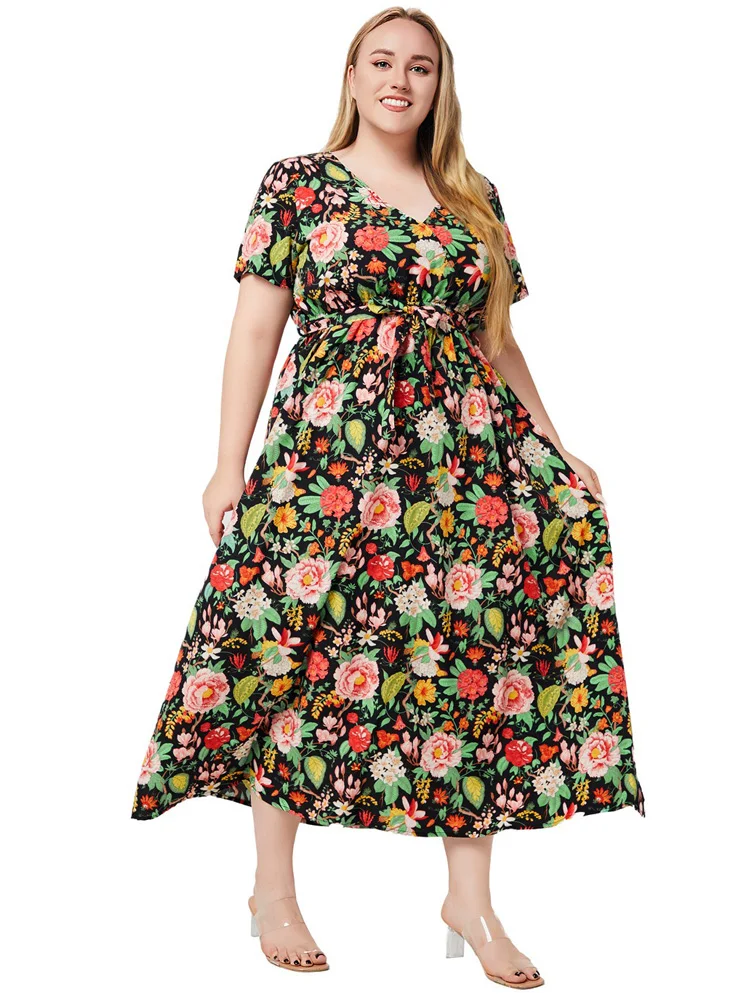 GIBSIE Plus Size Women's Vacation Floral Print Bohemian Dress 2024 Summer V-neck Short-sleeved Belted A-line Split Maxi Dresses