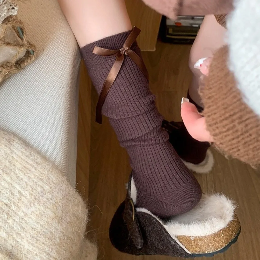 New Solid Color Lolita Bow ribbon Socks Thicken Winter Warm Knitted Leg Warmers Breathable Knee High Boot Stockings