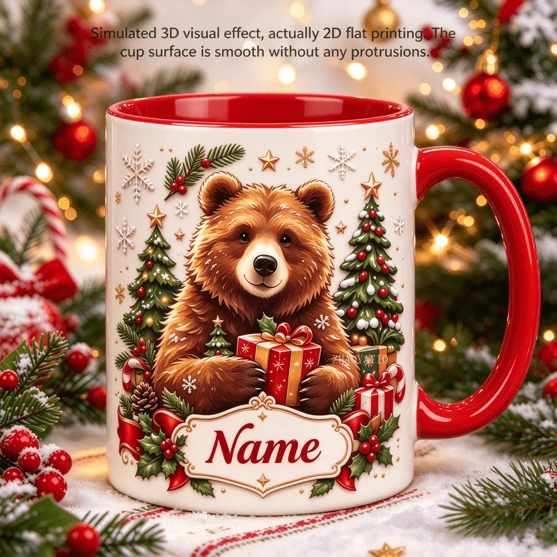 2D flat printing 1pc 11oz personalized custom bear christmas mug, christmas home gift for family, hand wash only microwave safe
