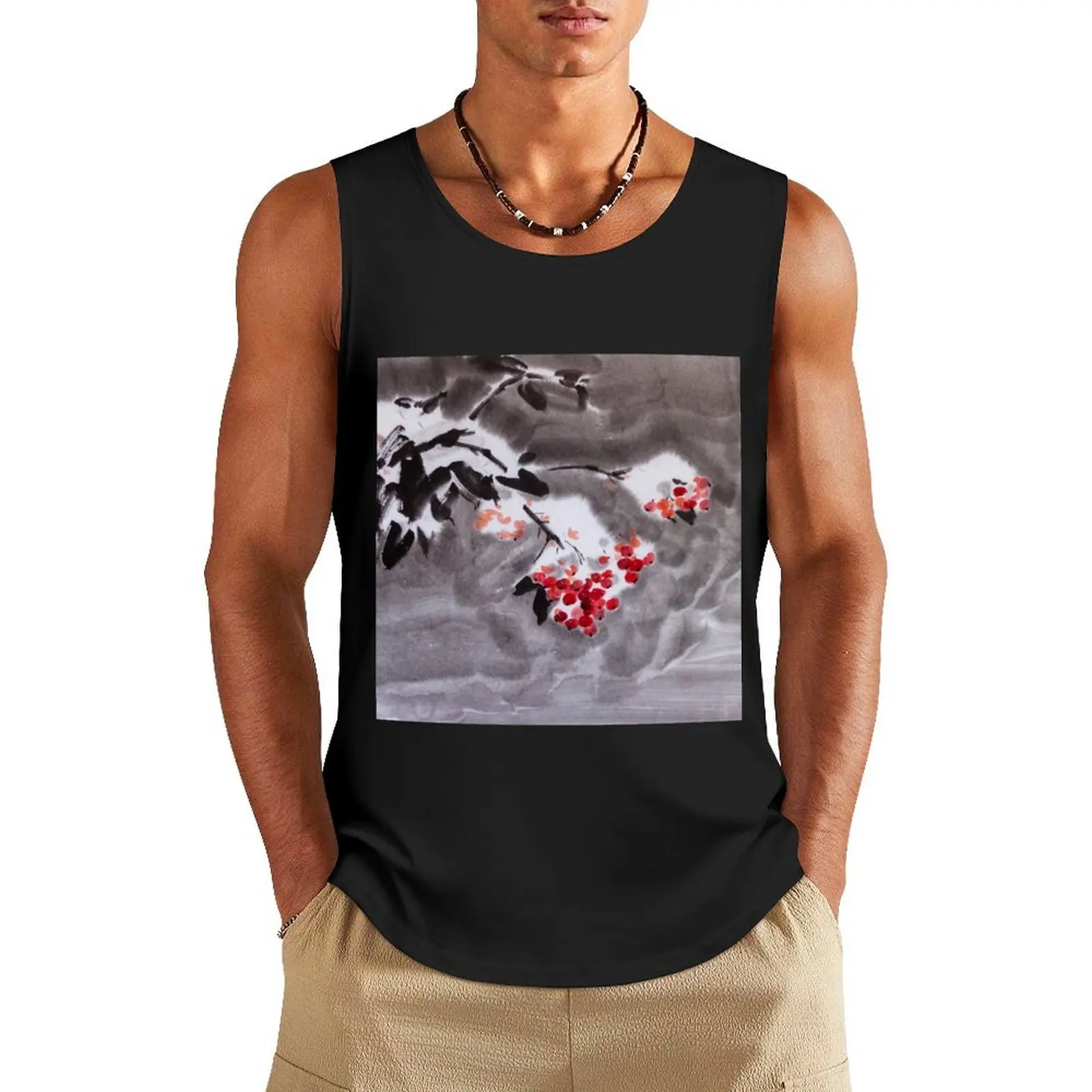 

Rowan tree in snow sumie ink watercolor painting Tank Top sleeveless vests Sleeveless men Men's gym clothing