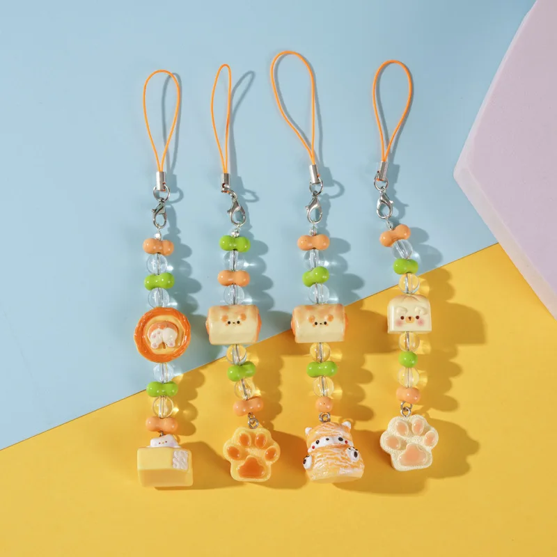 Cute Food Beaded Bear Palm Print Bread Mobile Phone Pendant Keychain Cartoon Cheese Egg Tart Swiss Roll Bag  Key Chain Trinket