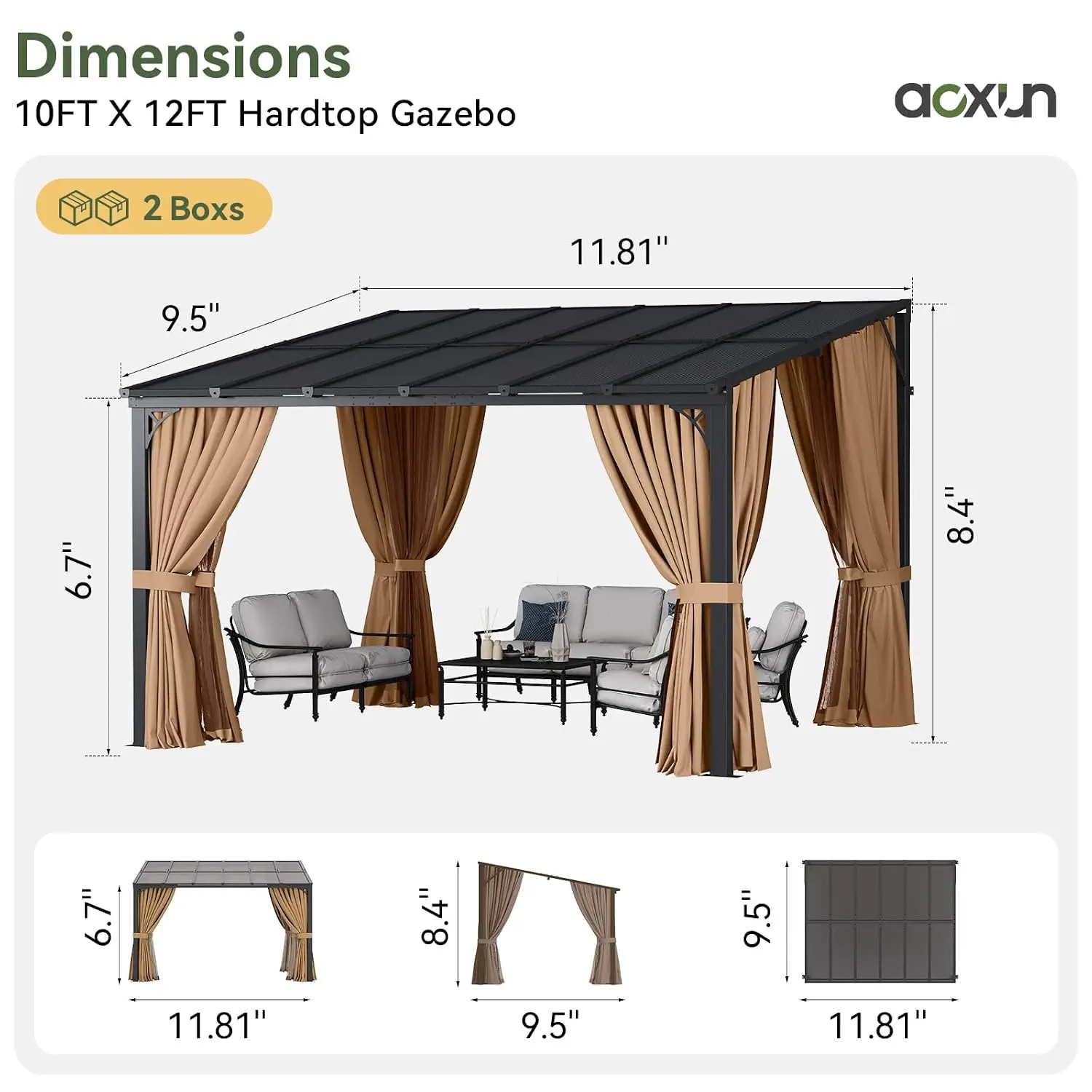 12'x10' Lean to Gazebo, Pergola with Mosquito Net and Curtains, Brown, Customized