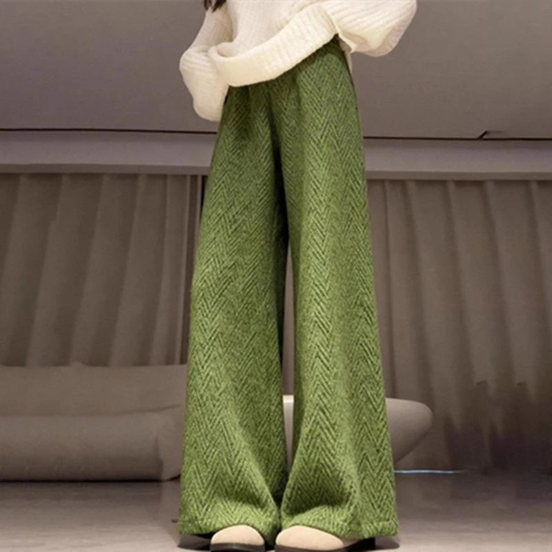 

Fashion lazy high-waisted loose wide-leg pants 2025 winter casual design green wavy velvet trousers for women