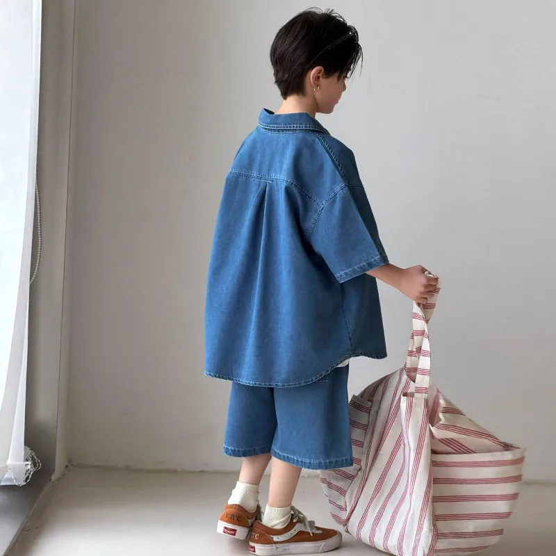 Summer Children's Denim Short-sleeved Set 2026 Summer New Korean Version Loose Casual Cardigan Shorts Two-piece Set Trendy
