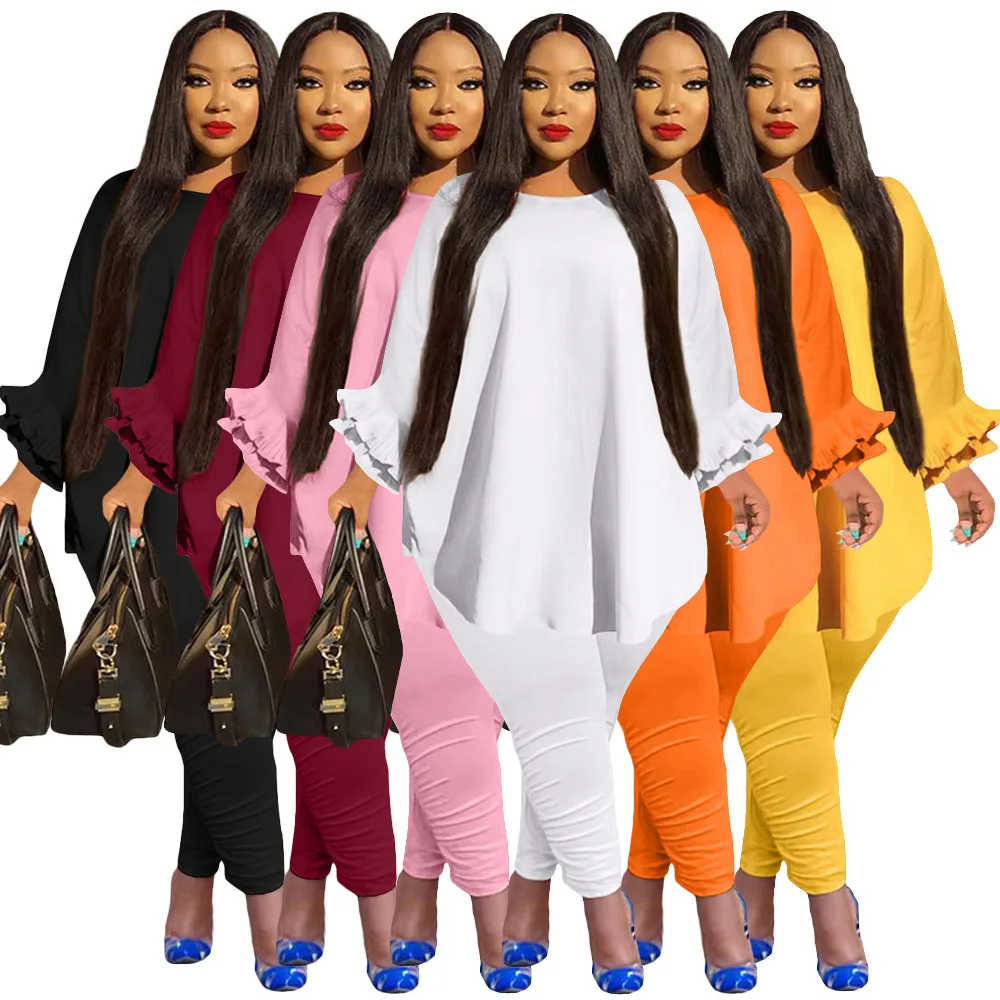 

Women's Autumn and Winter Fashion Loose Round Neck Ruffle Sleeve Solid Color Pleated Sexy Large Two Piece Pants Set