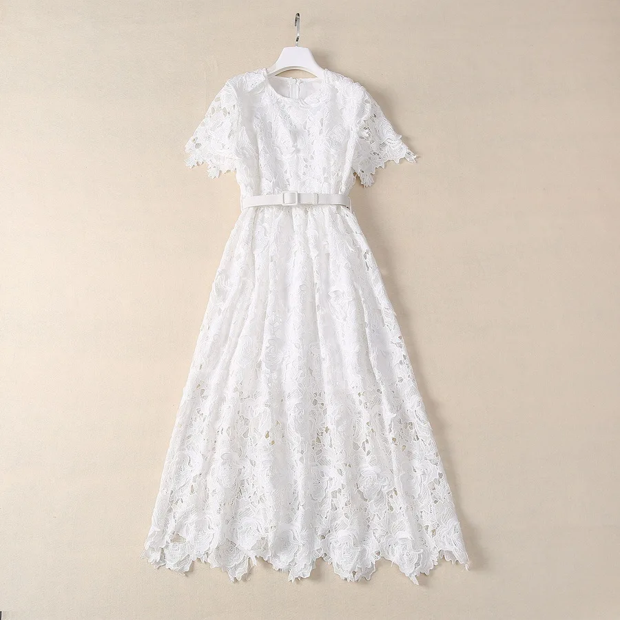 

European and American women's clothing new summer Round neck Short sleeve hollowed-out hook white fashion Pleated dress belt
