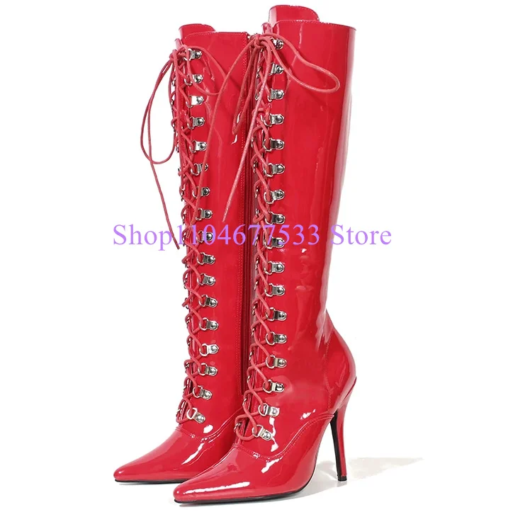 

Red Patent Leather Woman long boots Cross tied Knee-high Boots Hot Fashion Model Fun Club Party Female Booties Thin Heel Shoes