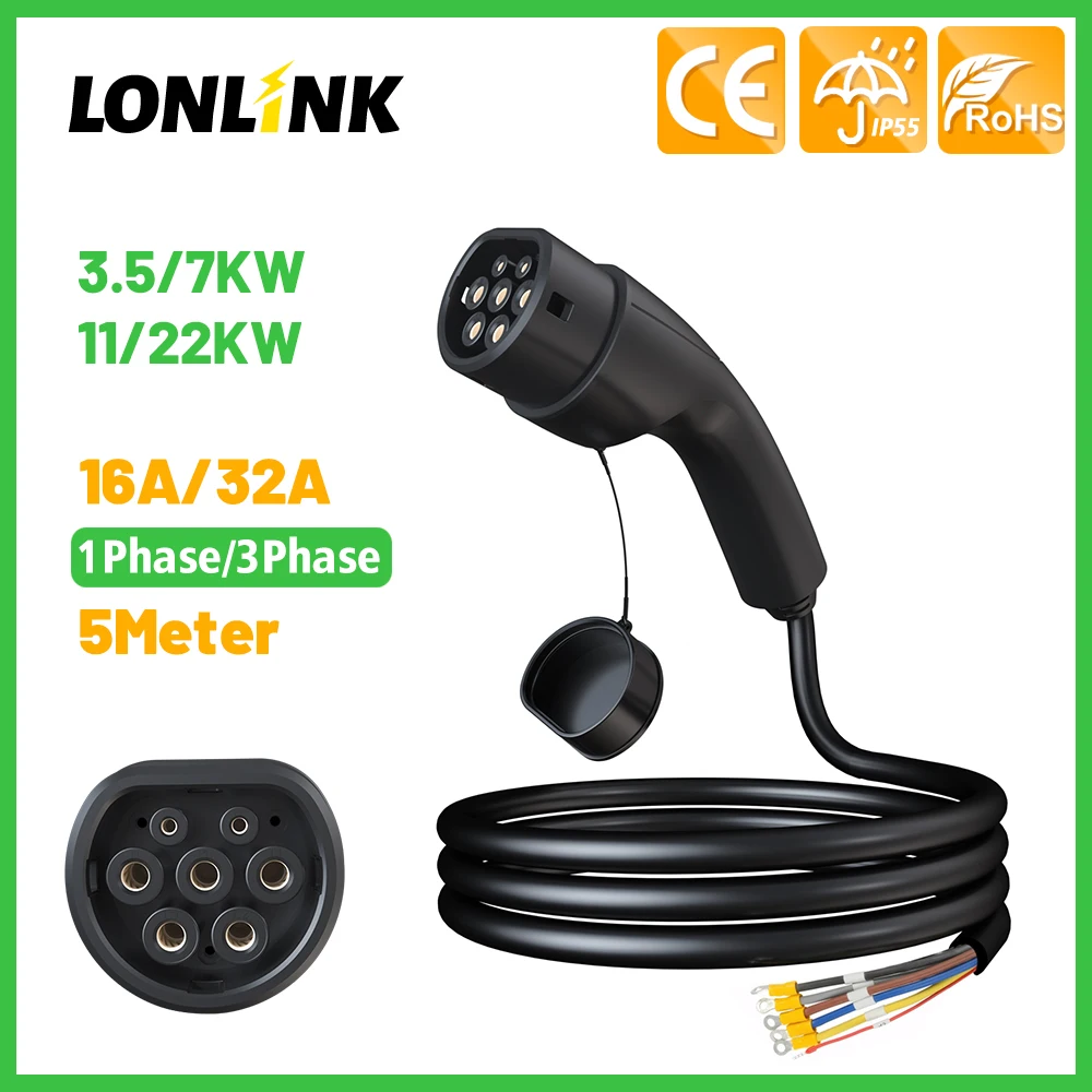 LONLINK 3.5KW 7KW 11KW 22KW IEC62196 EV Charging Cable Type 2 Female To Open Wire For Electric Vehicle Charger Station