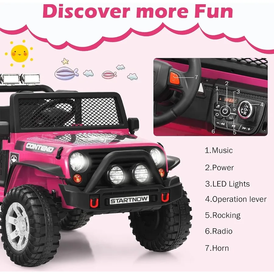 2人乗りトラック型電動乗用玩具、12Vバッテリー駆動、リモコン付き、2段階速度調整、スプリングサスペンション、LEDライト、ホーン、音楽機能付き