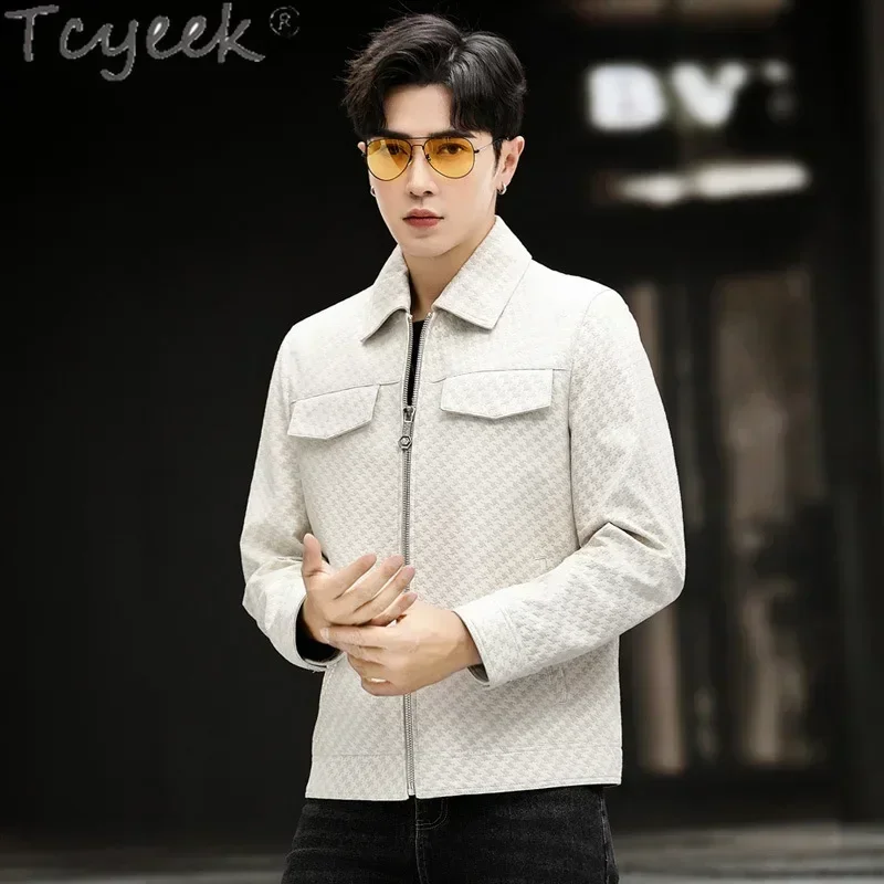 Tcyeek سترة جلدية حقيقية الرجال الملابس موضة معطف جلد الغنم الحقيقي ربيع الخريف رجالي دراجة نارية جاكيتات التلبيب Jaqueta Couro