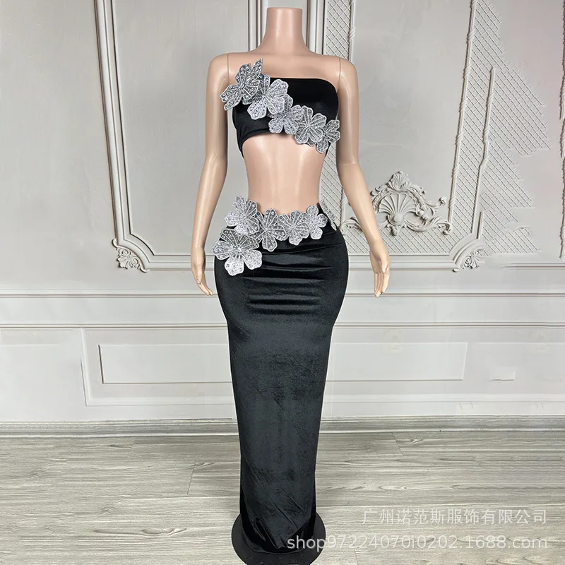 Borstomslag Driedimensionale bloemfluwelen splitpak Prestatiepak Zangeres High-end sfeervolle jaarvergaderingjurk