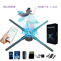 18.1in/46cm 3d Hologram Fan, 528 Led Beads in 4 Fan Blades Holographic Projector by TF Card, App & Remote Control, Halloween