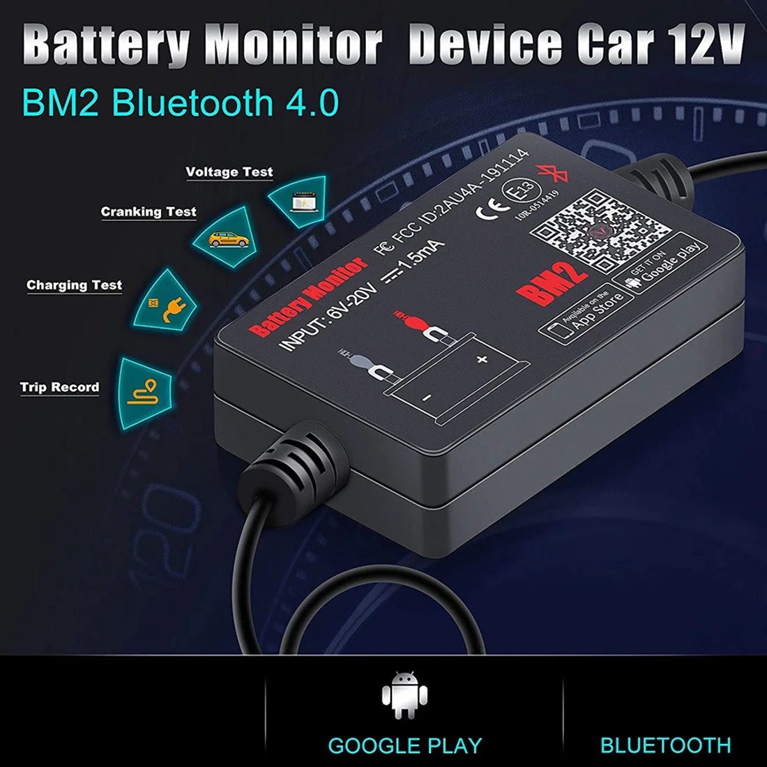 ABIY Bluetooth BM2 12V Battery Monitor Car Battery Analyzer Test Battery Diagnostic Tool for Android IOS Phone