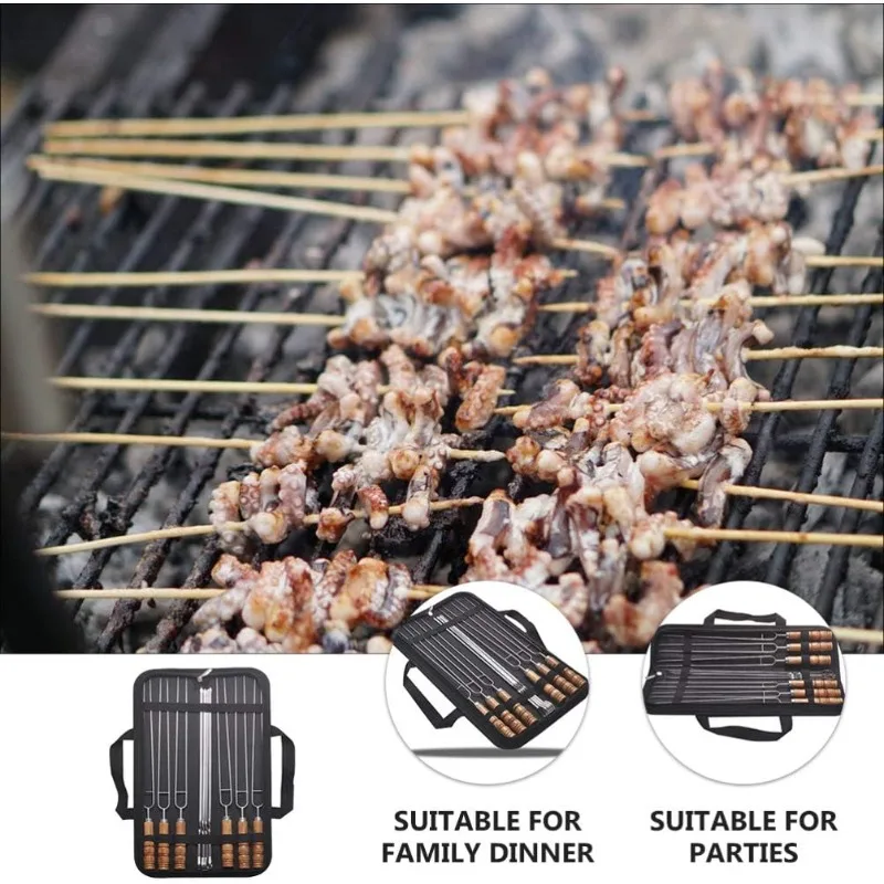 Barbecue Sign Tools Reusable Barbecue Skewer  Flat Meat Sticks Barbecue Open Fire Outdoor BBQ Stainless Steel Skewer Storage Bag