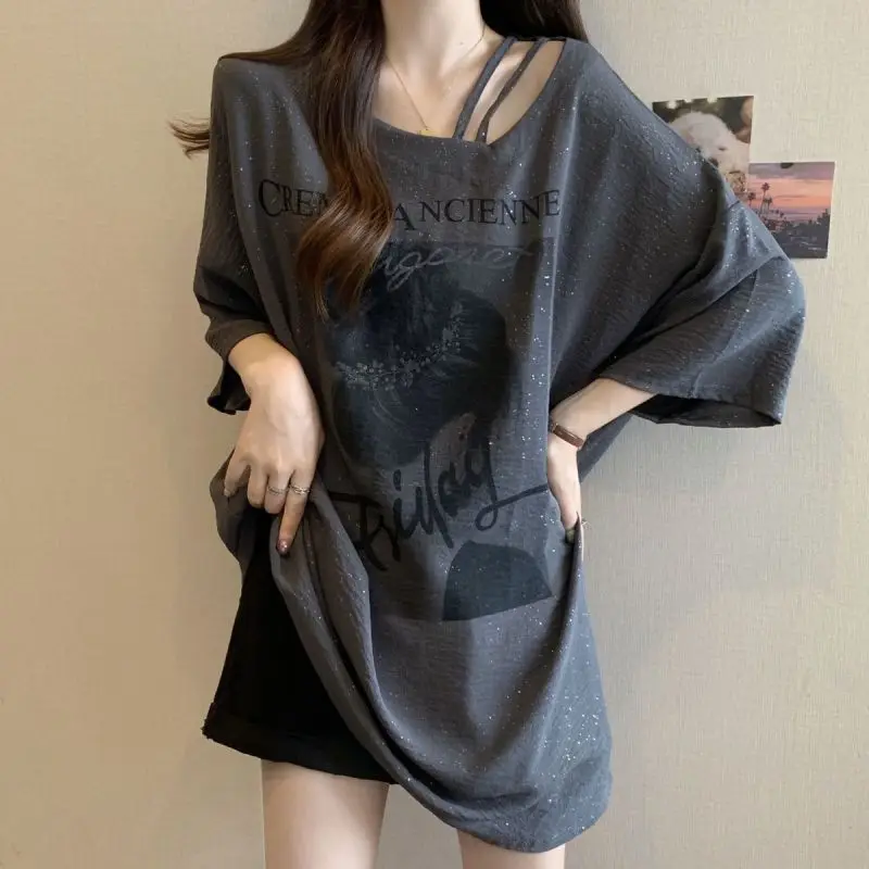 Women Summer Simplicity Loose Large Size Appear Thin Bright Silk Short Sleeve T-Shirt Ladies Casual Printing All-match Top Tee